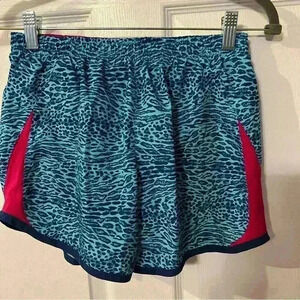 Nike Girls Running Shorts Size XL Youth, Blue Leopard Print with Pink Trim